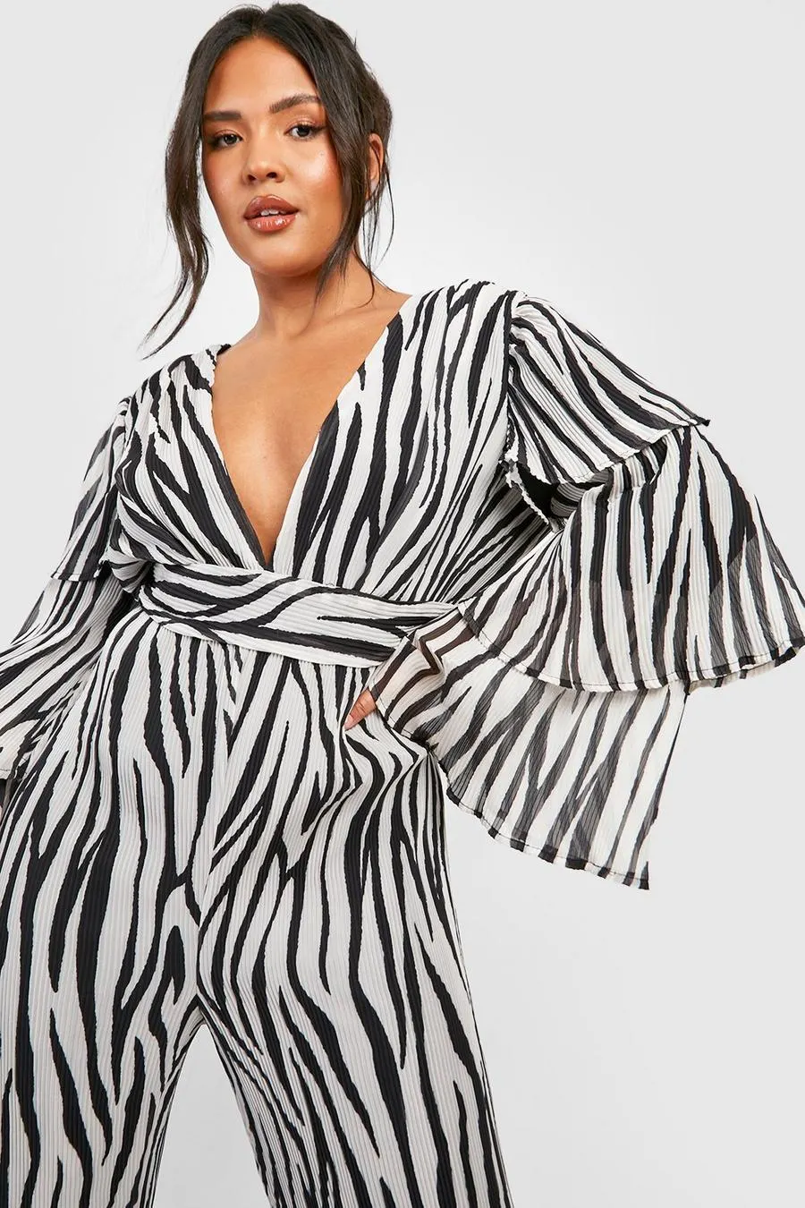 Plus Zebra Pleated Ruffle Detail Jumpsuit