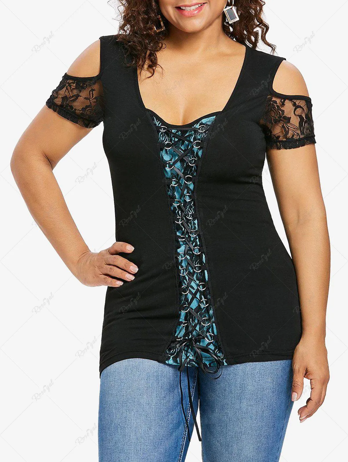 Plus Size Lace-up Could Shoulder Floral Lace T-shirt - 3x | Us 22-24