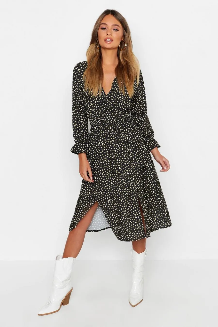 Boho Ditsy Floral Split Front Midi Dress