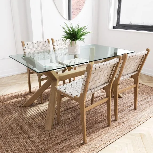 Glass Dining Table Set with 4 Cream Faux Leather Chairs - Seats 4 - Nori