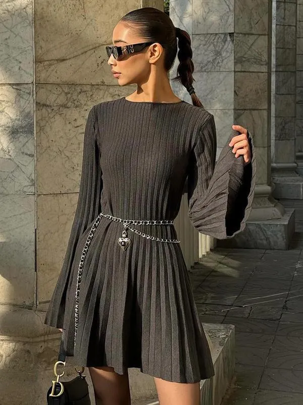 Knitted Dress Modern Crochet Jewel Neck Long Sleeves Viscose Stretch