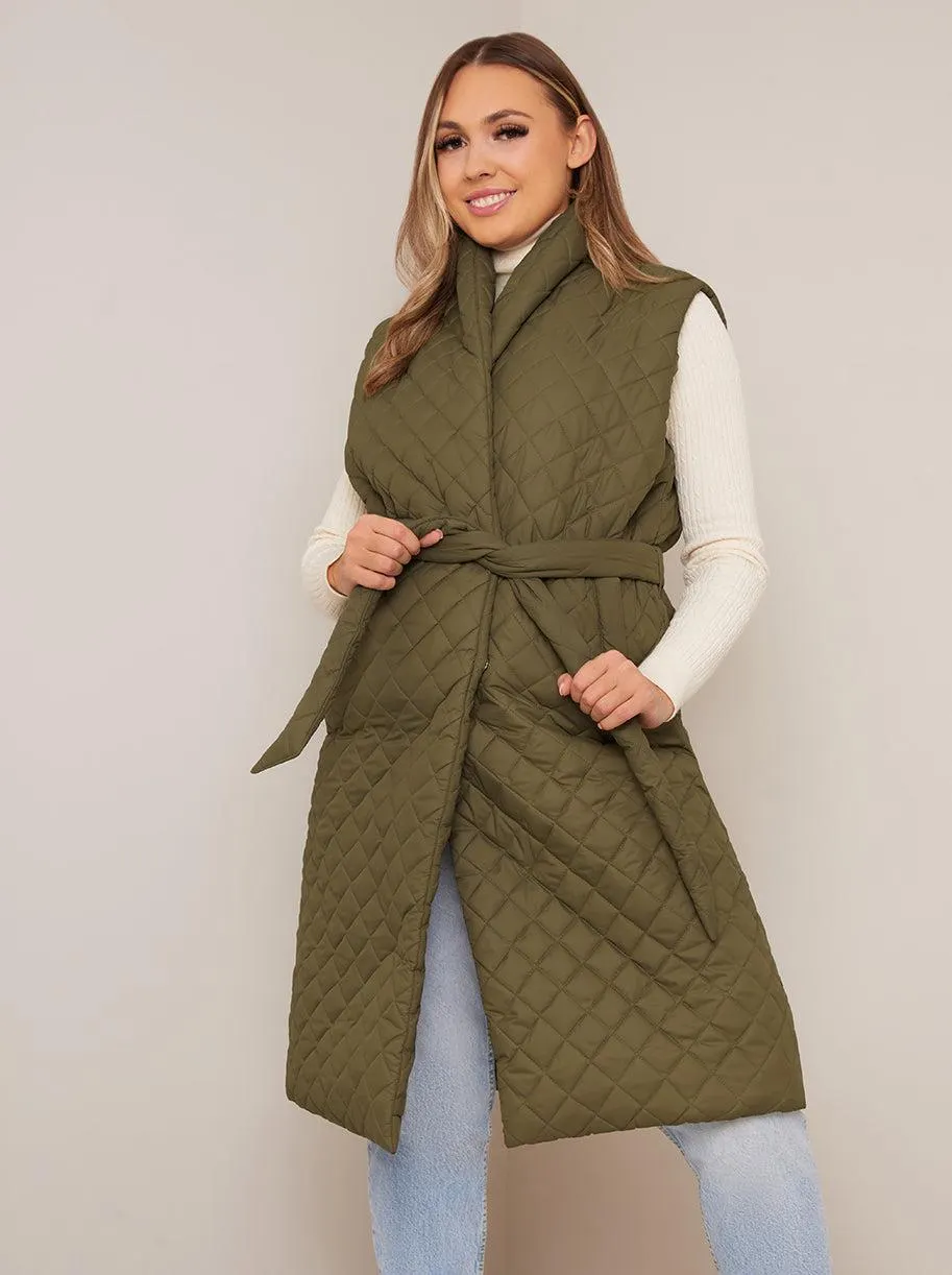 Diamond Quilted Longline Belted Gilet in Khaki