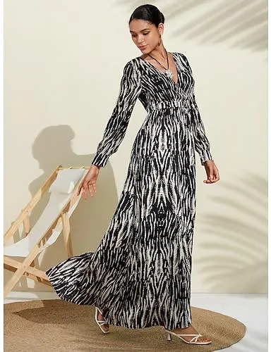 Neva Black & White Spotted Print Bubble Satin V Neck Long Sleeve Swing Maxi Dress
