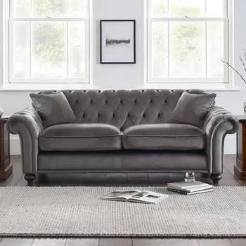 Bordeaux Button Back Grey Velvet 3 Seater Sofa