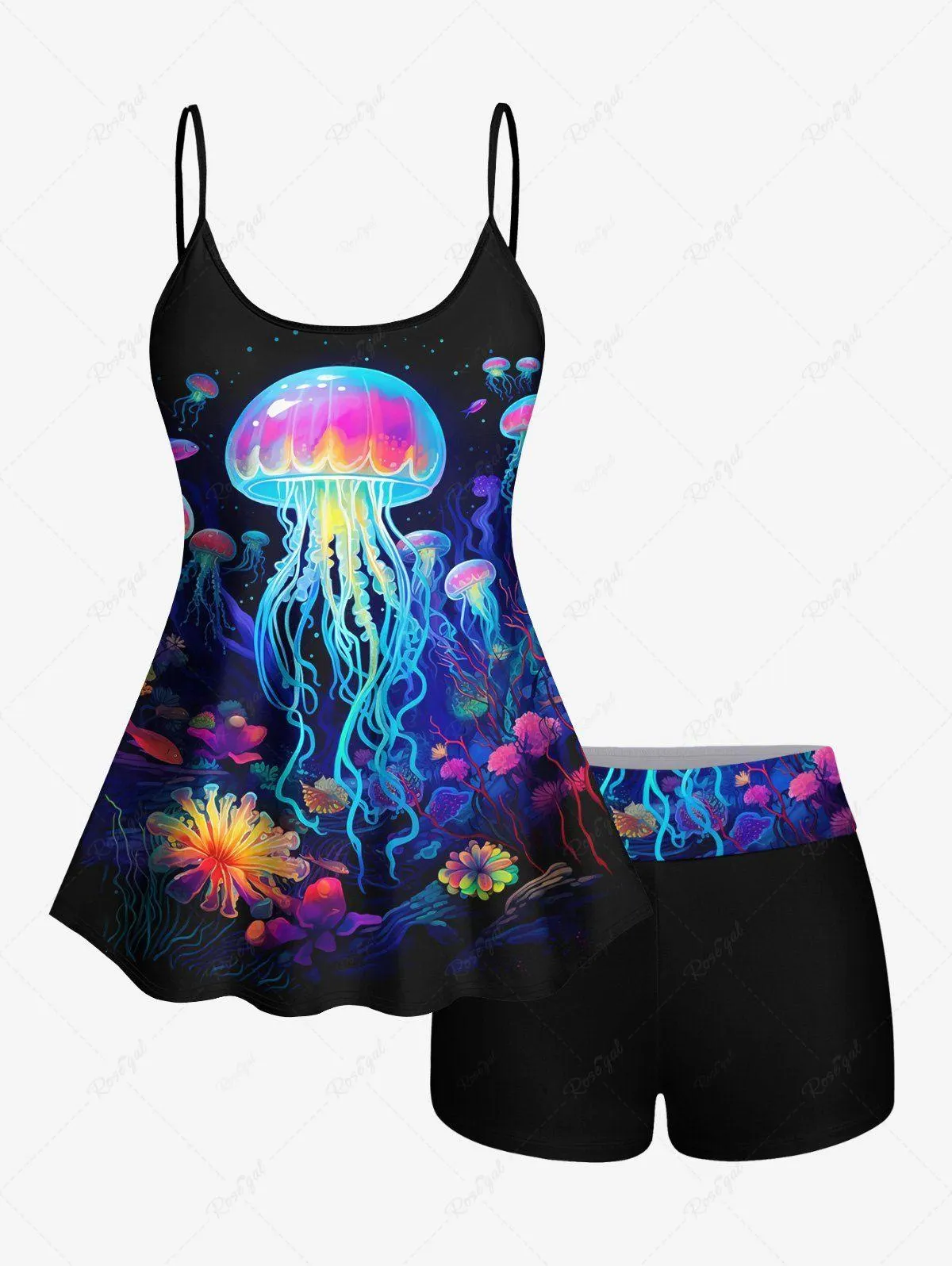 Hawaii Sea Creatures Underwater World Plant Jellyfish Glitter 3D Print Boyshort Tankini Swimsuit - 3x