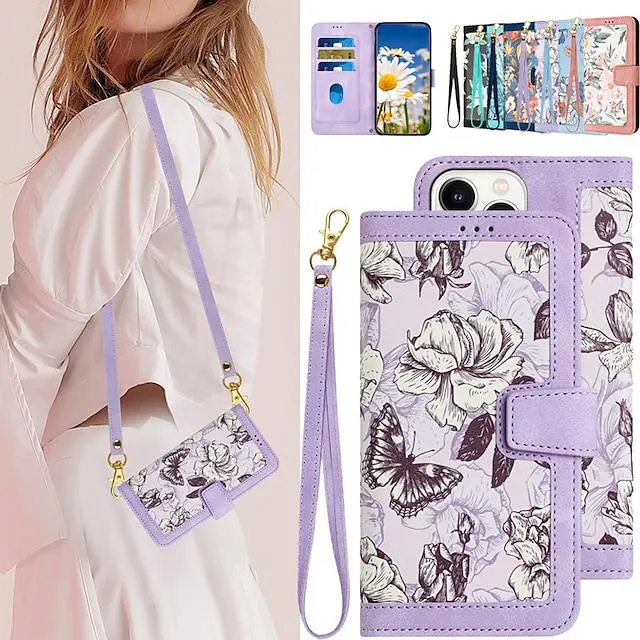 Phone Case For Apple iPhone 15 Pro Max Plus 14 13 12 11 X XR XS 8 7 Handbag Purse with Removable Cross Body Strap with Wrist Strap With Card Holder Graphic Flower TPU PU Leather