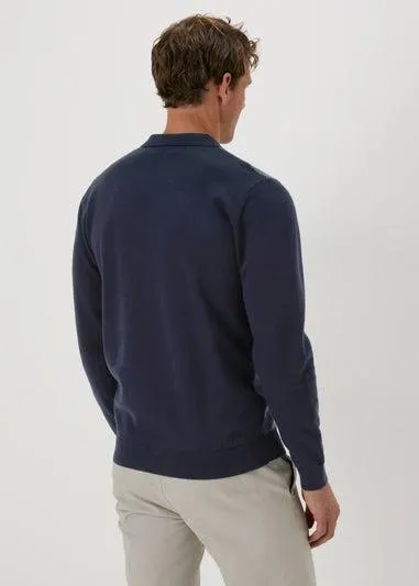 Navy Textured Knit Polo Shirt,