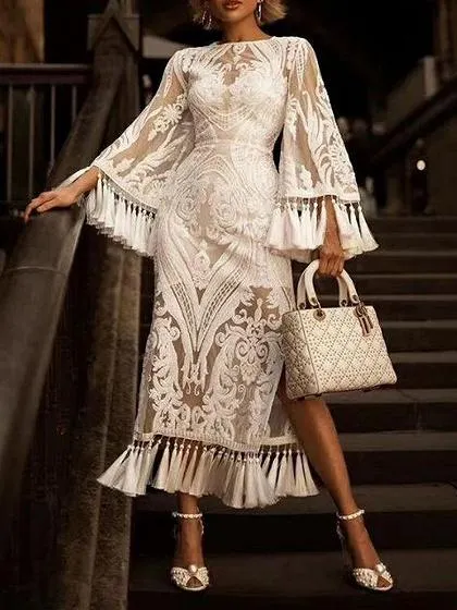 White Embroidery Detail Tassel Trim Flare Sleeve Maxi Dress