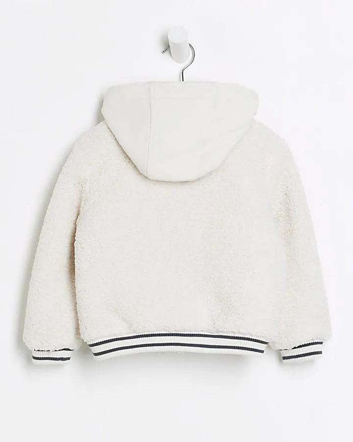 Mini girls ecru borg hooded bomber jacket