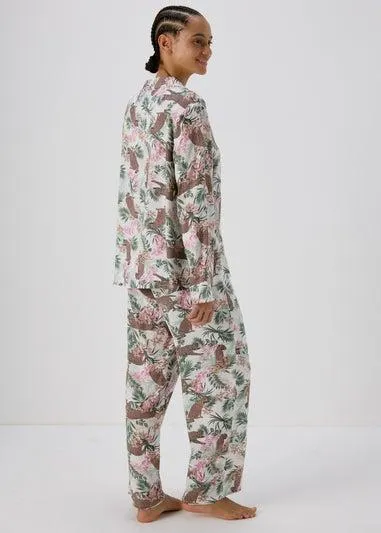 Cream Animal Print Viscose Pyjama Set - Size 8