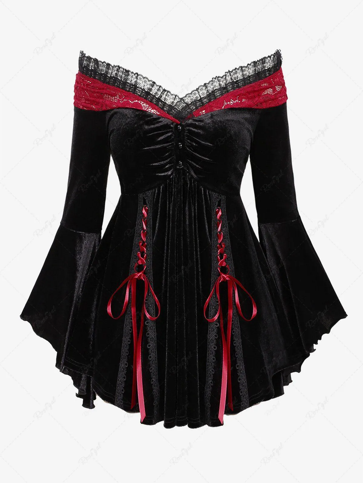 Plus Size Lace-up Cinched Ruched Lace Trim Velvet Flare Sleeves T-shirt - 3x | Us 22-24