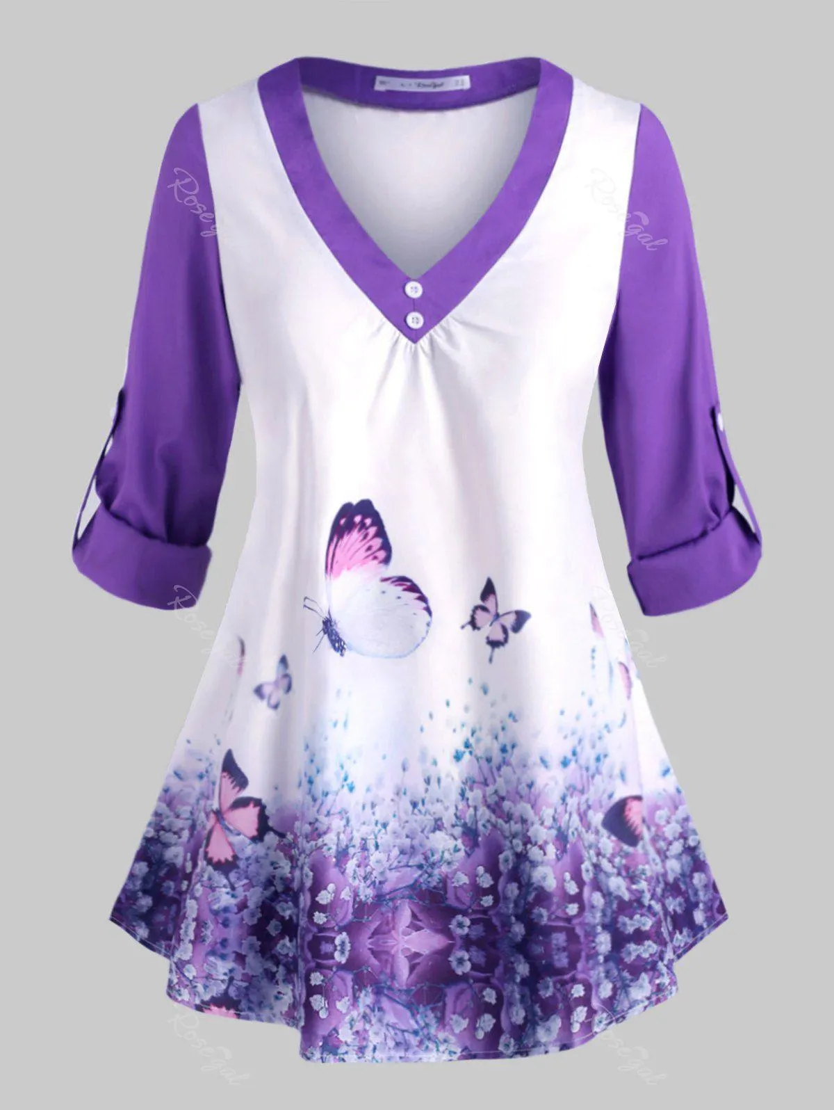 Plus Size Butterfly Print Roll Up Sleeve Top - 1x