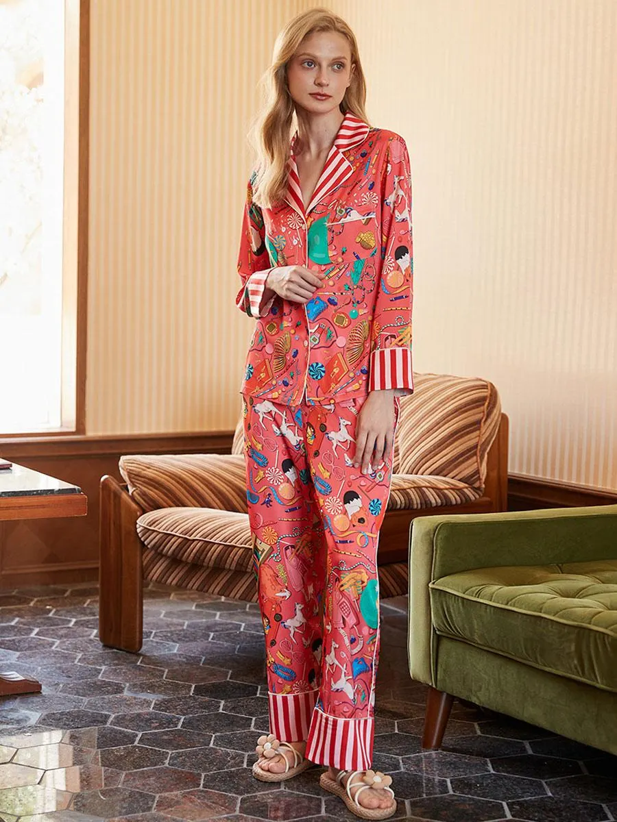 Home Wear Turndown Collar Long Sleeves Animal Print Clothes Polyester