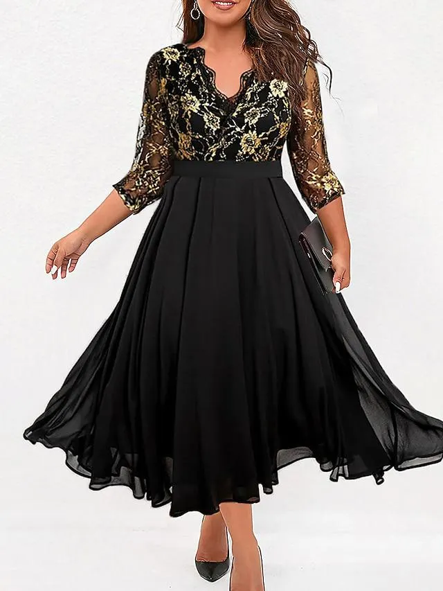 Women's Plus Size Curve Party Dress Chiffon Dress Swing Dress Floral Long Dress Maxi Dress 3/4 Length Sleeve Mesh Patchwork V Neck Fashion Party Black Fall Winter L XL XXL 3XL 4XL