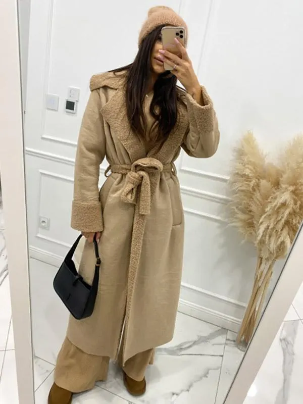 Longline Overcoat Notched Lapel Faux Fur Trim Lace Up Women's Winter Outerwear
