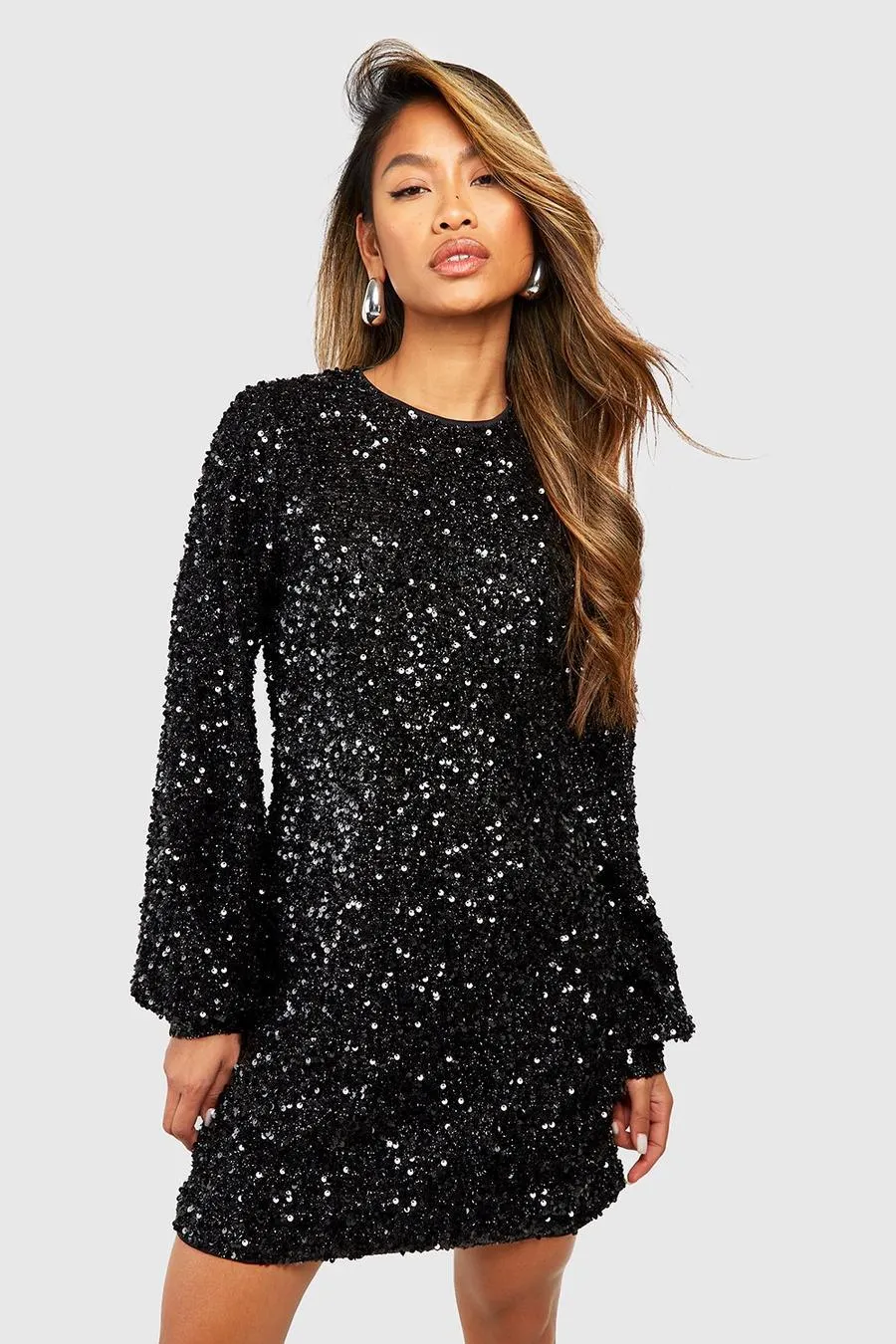 Sequin Blouson Sleeve Shift Party Dress