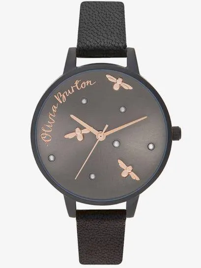 Olivia Burton Pearly Queen Rose Gold and Matte Black Leather Strap Watch OB16PQ02