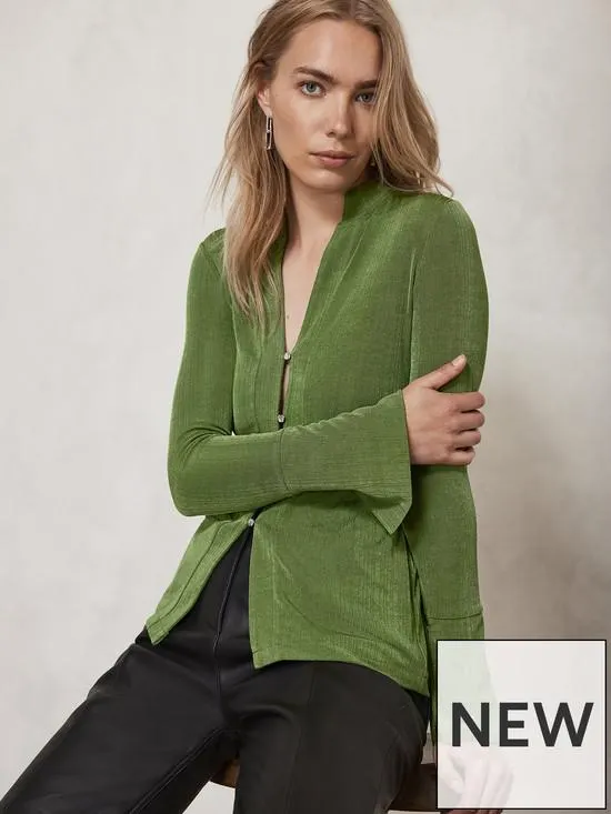 Mint Velvet Green Sheer Collarless Shirt