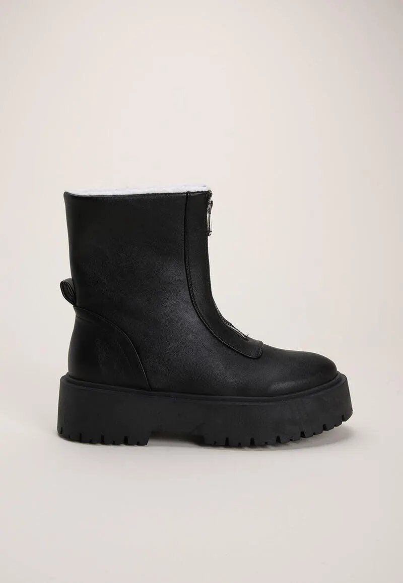 Womens Plain Black Zip Front Ankle Boots