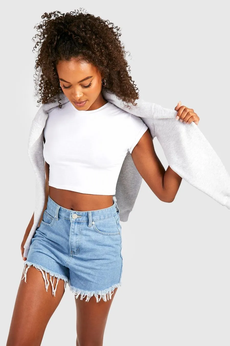 Tall High Waisted Frayed Hem Basic Denim Shorts