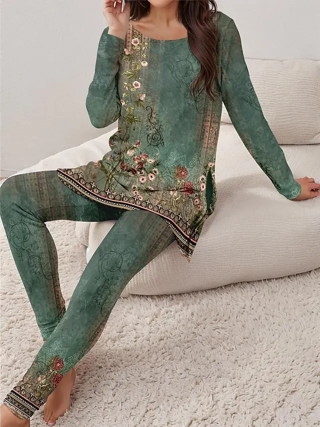 Women's T shirt Tee Pants Sets Floral Outdoor Casual Light Green Blue Purple Print Long Sleeve Sports Daily Round Neck Regular Fit Spring & Fall