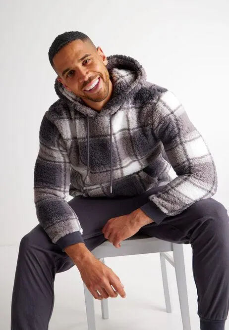 Mens Charcoal Check Sherpa Pyjama Hoody