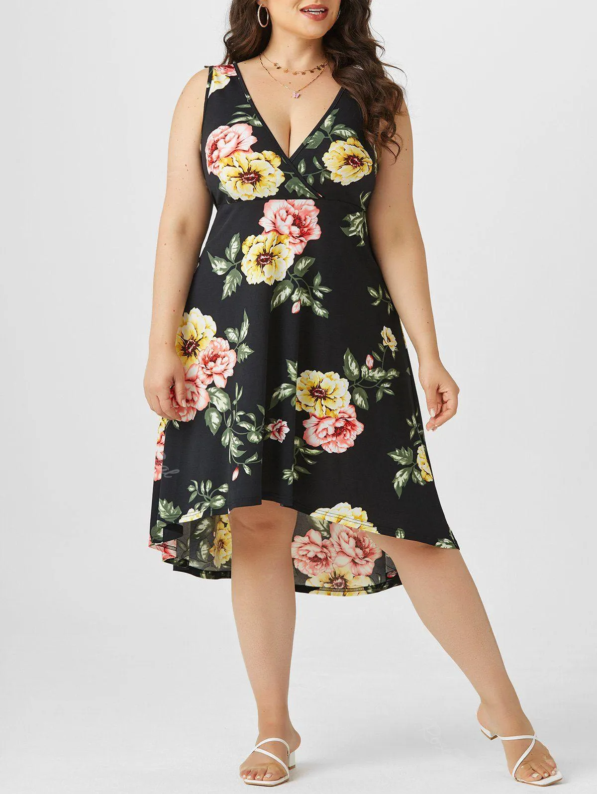 Plus Size Cottagecore Floral Print High Low Plunge Midi Dress - L