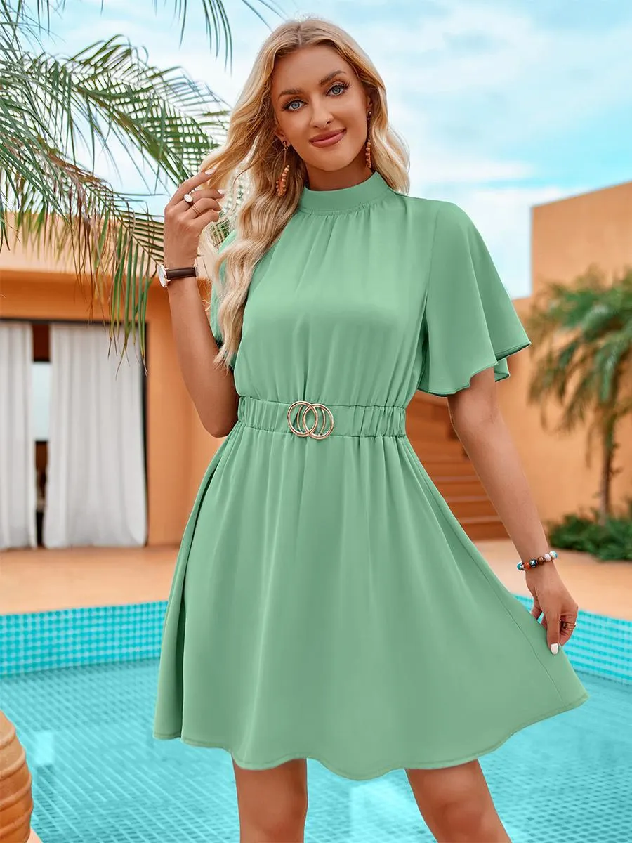 Party Dresses Dark Navy Jewel Neck Ruffles Short Sleeves Semi Formal Dress