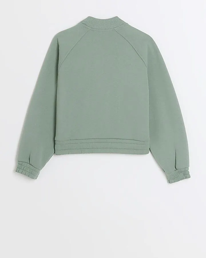 Girls khaki zip up cargo bomber jacket