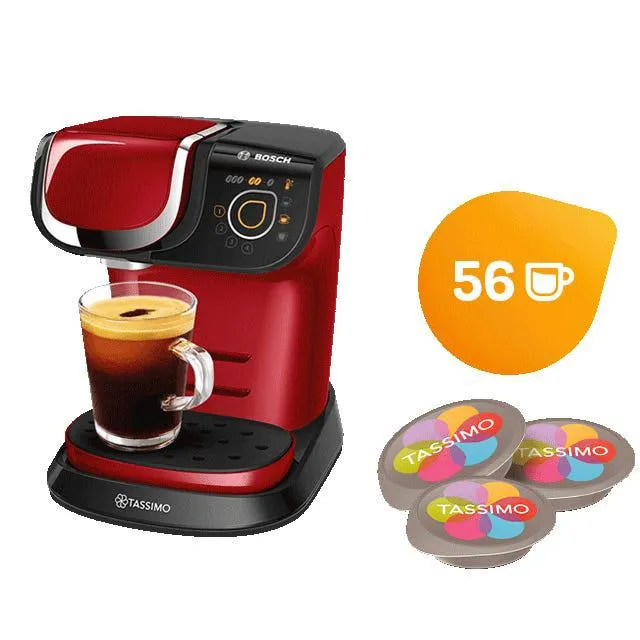 My Way Red Coffee Machine & Tassimo Best Sellers Coffee Capsule Selection