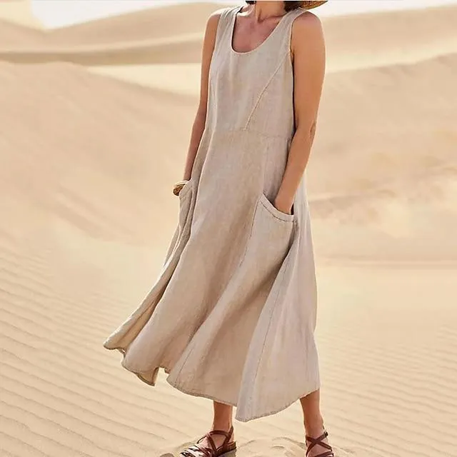 Women‘s Casual Dress Linen Dress Shift Dress Midi Dress Blue Pink Khaki Sleeveless Pure Color Pocket Spring Summer Crew Neck Basic Daily Vacation Weekend Loose Fit 2023 S M L XL XXL