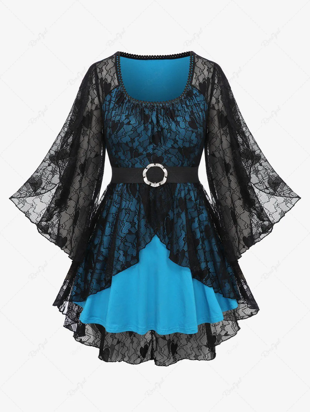 Plus Size Ruched Lace Trim Heart Floral Mesh Layered Tulip Hem Flare Sleeve 2 In 1 Top With Flower Buckle Belt - 3x | Us 22-24
