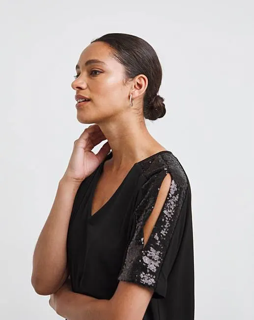 Black Cold Shoulder Sequin Trim Top