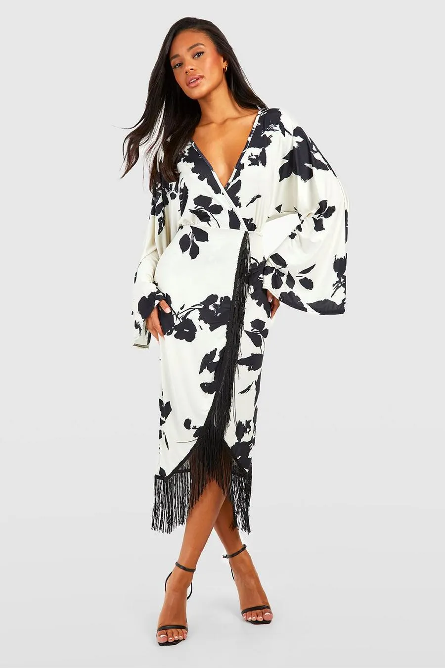 Floral Print Tassel Hem Wrap Midi Dress