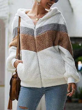 White Contrast Long Sleeve Fluffy Hoodie Coat