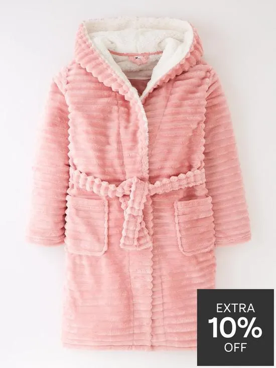 Girls Fleece Ribbed Robe - Pink