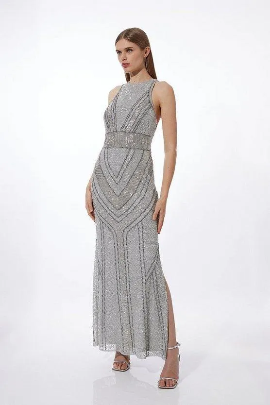 Premium Beading And Embellished Woven Halterneck Maxi Dress