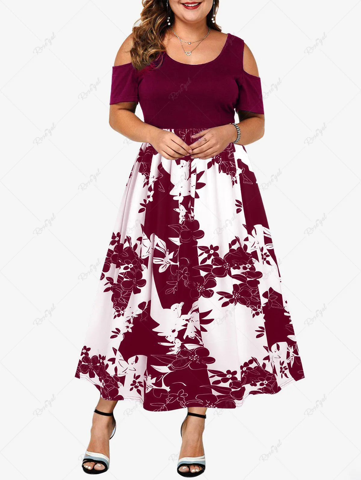 Plus Size Flower Printed Cold Shoulder A Line Midi Dress - 3xl