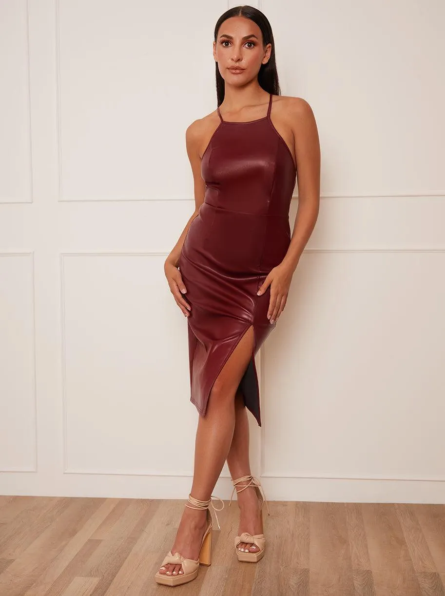 Petite Halter Neck Bodycon PU Midi Dress in Wine