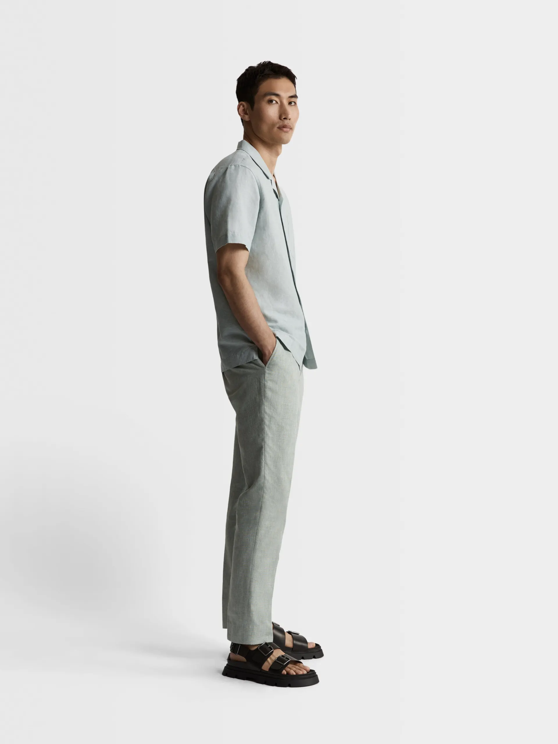 Slim Fit Linen Suit Trousers in Light Green