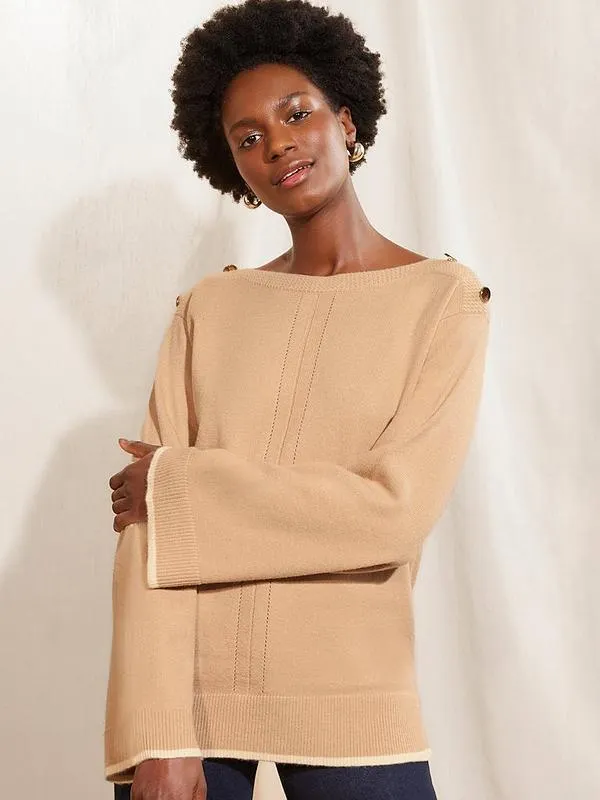Boat Neck Wide Sleeve Jumper - Beige