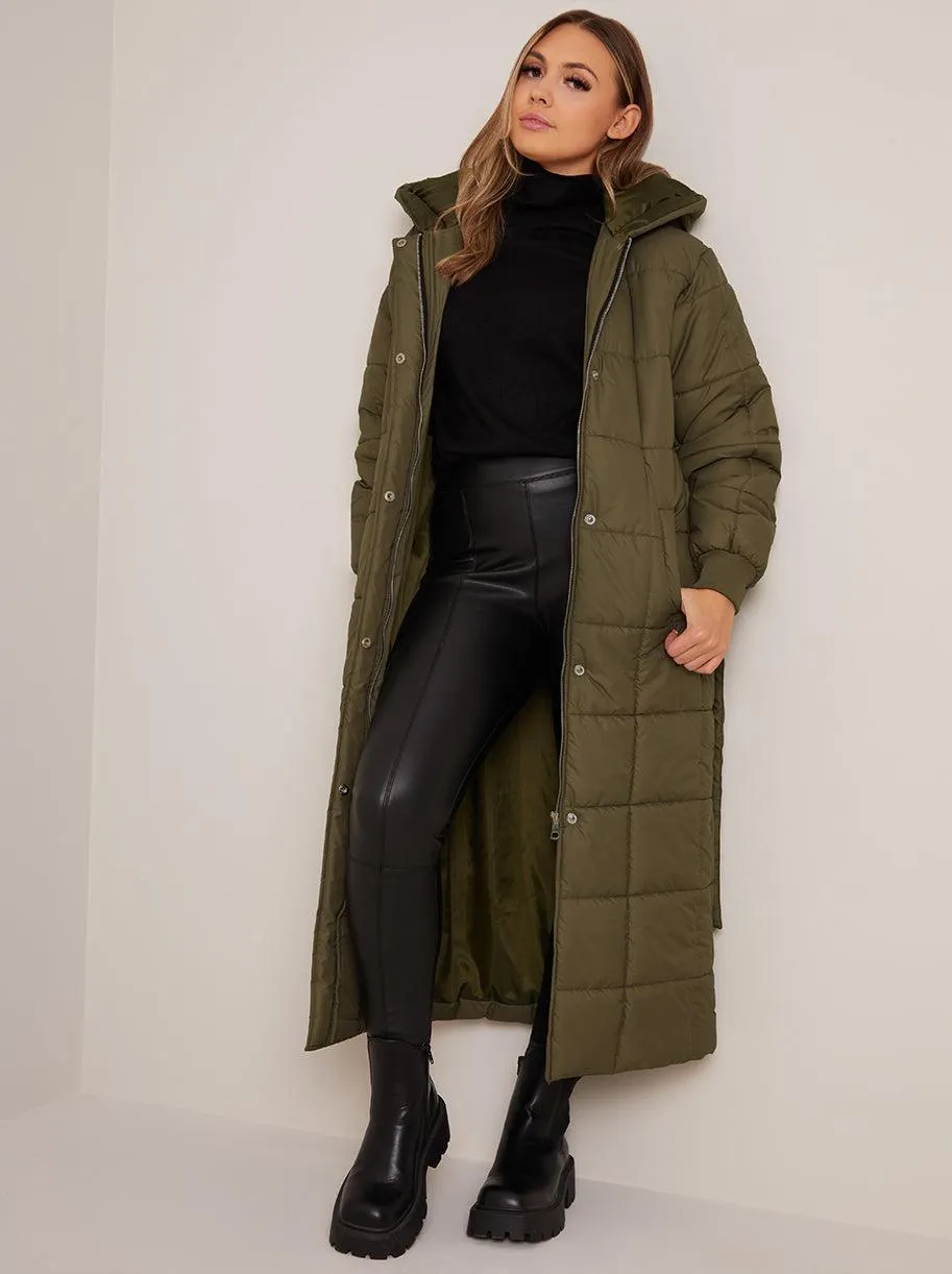 Check Padded Longline Belted Coat in Khaki