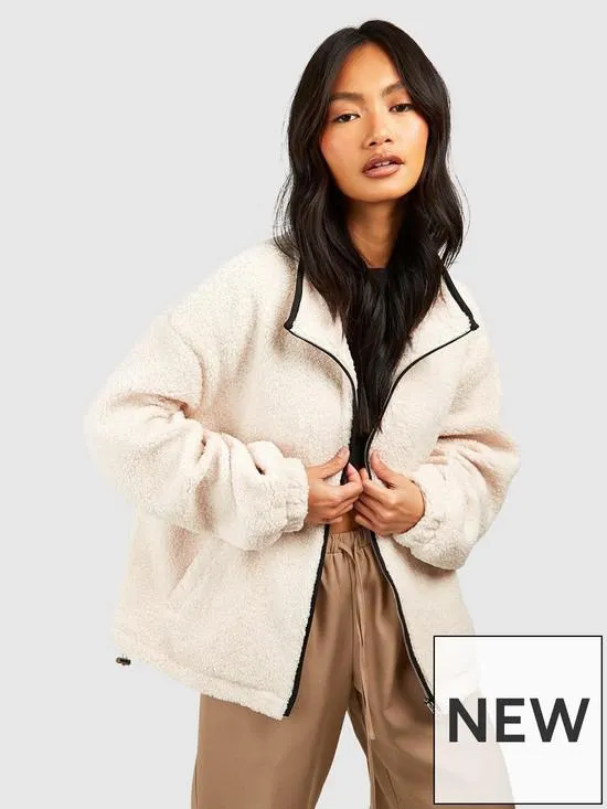 Contrast Trim Detail Teddy Faux Fur Jacket