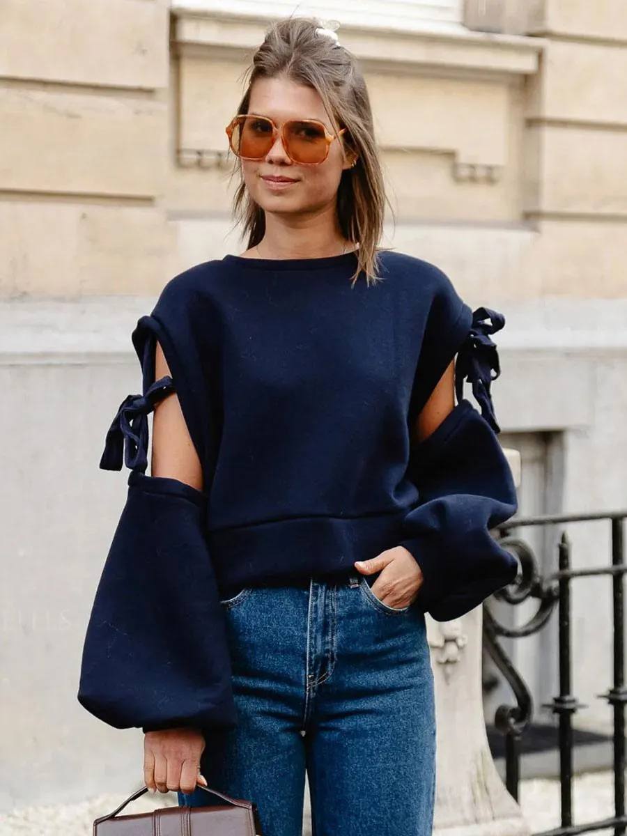 Sweatshirt For Woman Dark Navy Long Sleeves Cut Out Cotton Winter Top For Women