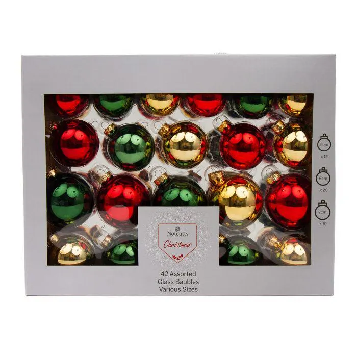 Box of 42 Red, Gold & Green Baubles