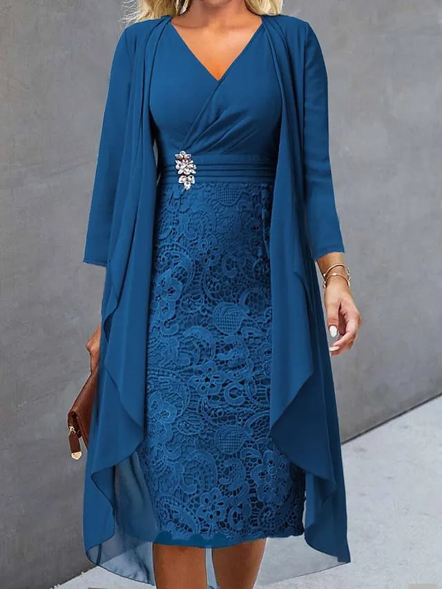 Women's Two Piece Dress Set Casual Dress Lace Dress Outdoor Daily Fashion Elegant Lace Patchwork Midi Dress V Neck Long Sleeve Plain Regular Fit Blue Fall Winter S M L XL XXL