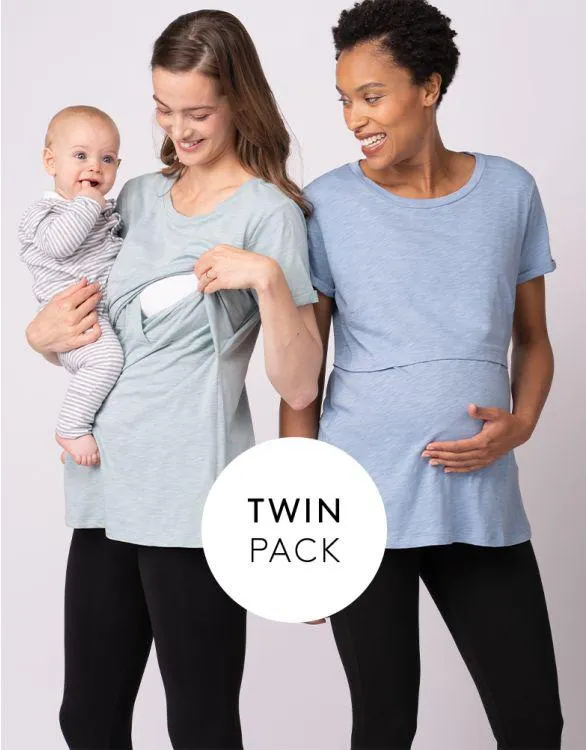 Essential Maternity & Nursing T-shirts – Blue & Sage Twin Pack