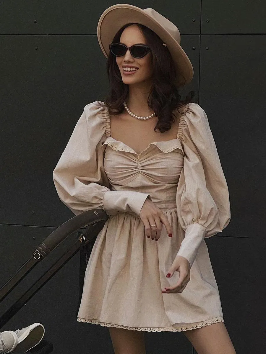 Skater Dresses Polyester Sweetheart Neck Lace Chocolate Cowboy Long Sleeves Flared Dress Mini Dresses