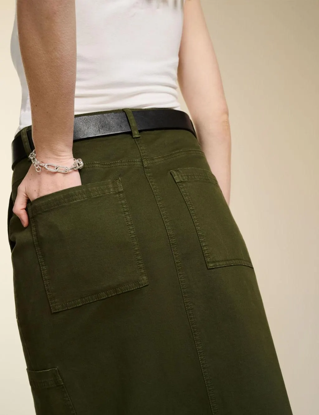 Cotton Rich Split Front Midi Column Skirt