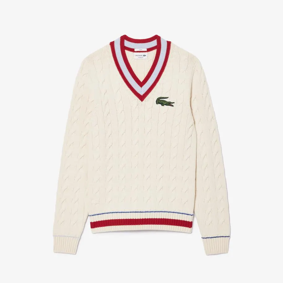 Unisex Lacoste V-Neck Cable Knit Sweater in Organic Cotton